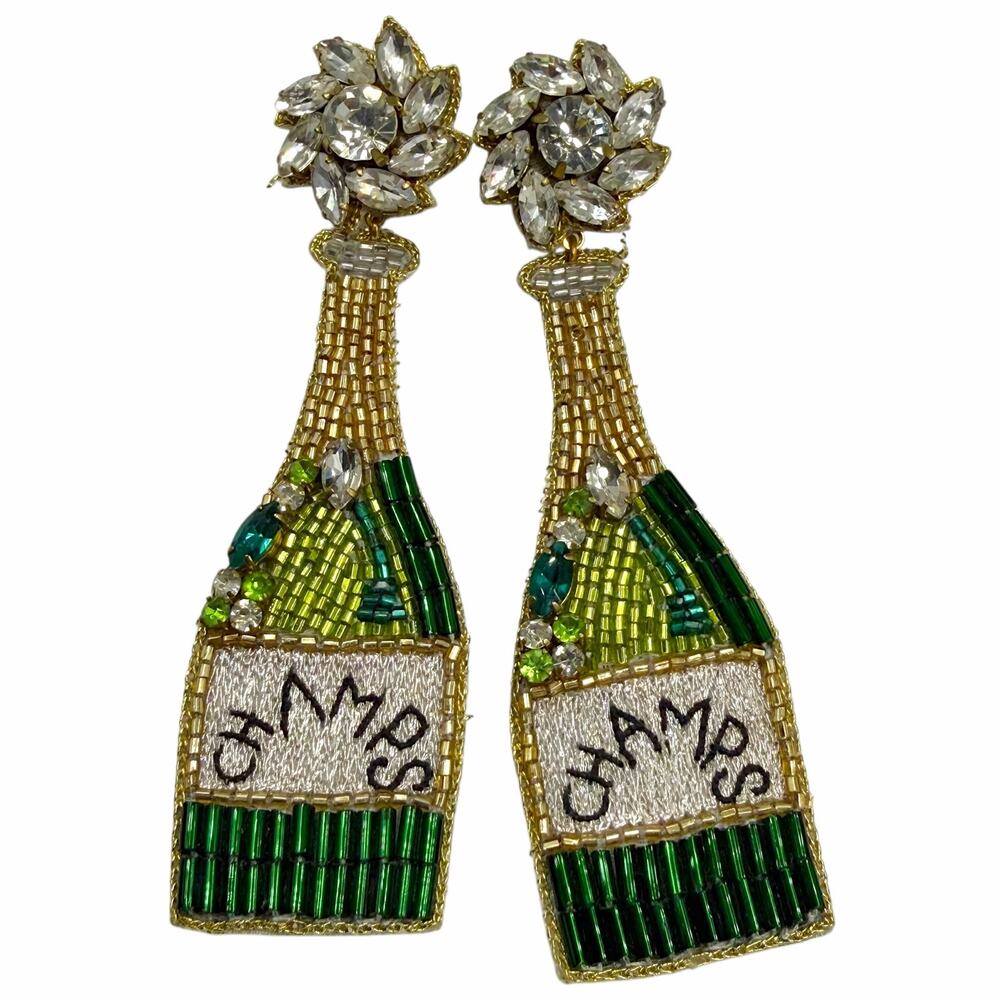 Dos Femmes Beaded Champagne Bottle Earrings Rhinestone Champs New Year Eve Party